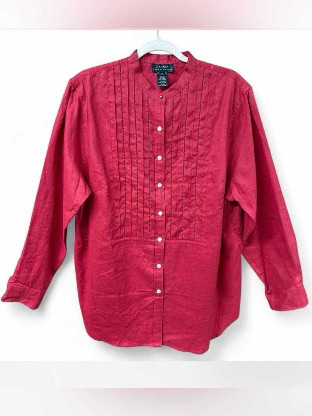 Ralph Lauren Vintage Women 1X Red Linen Shirt Pintuck Detail Tuxedo Long Sleeve